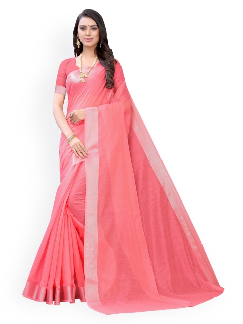 

KALINI Pink Cotton Blend Solid Kanjeevaram Saree