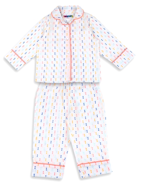 

Nauti Nati Girls White & Pink Printed Night suit