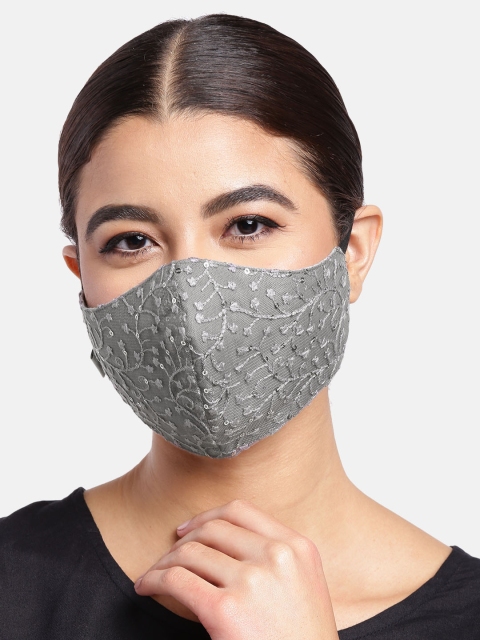 

House of Pataudi Unisex Grey Embroidered 2-Ply Reusable Cloth Masks