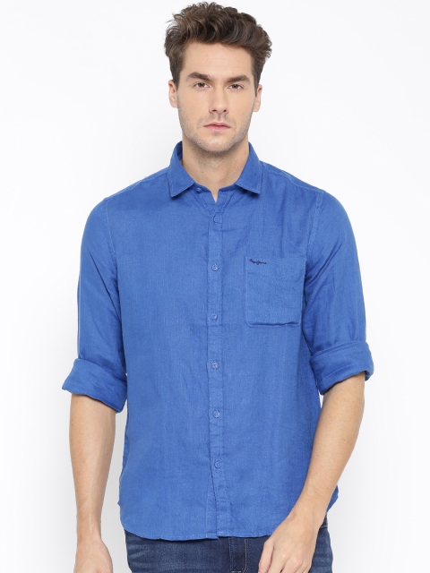 

Pepe Jeans Men Blue Linen Semi Fit Casual Shirt