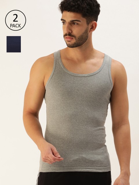 

ether Men Pack Of 2 Navy Blue & Grey Melange Ribbed Innerwear Vests ETHR-RB-PK1-001D