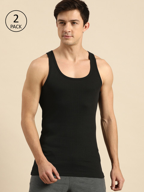 

ether Men Pack Of 2 Black Solid Ribbed Innerwear Vests ETHR-RB-PK1-001B