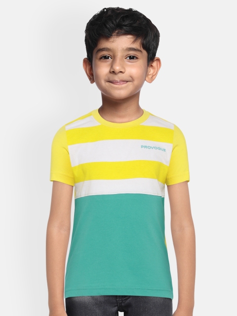 

Provogue Boys Yellow Green Striped Colourblocked Pure Cotton T-shirt