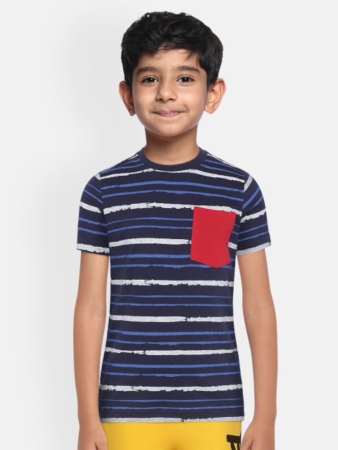 

Provogue Boys Navy Blue White Pure Cotton Striped Round Neck Pure Cotton T-shirt