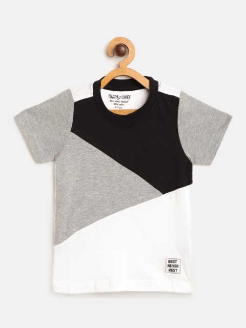 

Miss & Chief Boys Grey Melange & White Pure Cotton Colourblocked Round Neck T-shirt