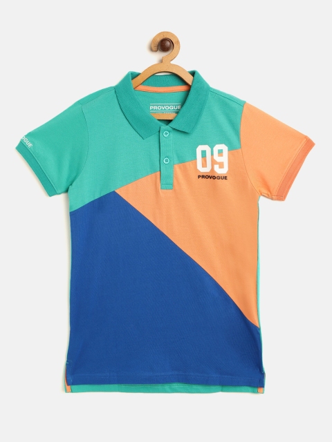 

Provogue Boys Sea Green Orange Pure Cotton Colourblocked Polo Collar Pure Cotton T-shirt