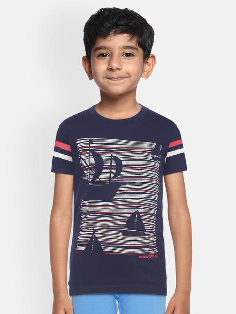 

Provogue Boys Navy Blue & White Nautical Print Cotton Polo Collar T-shirt