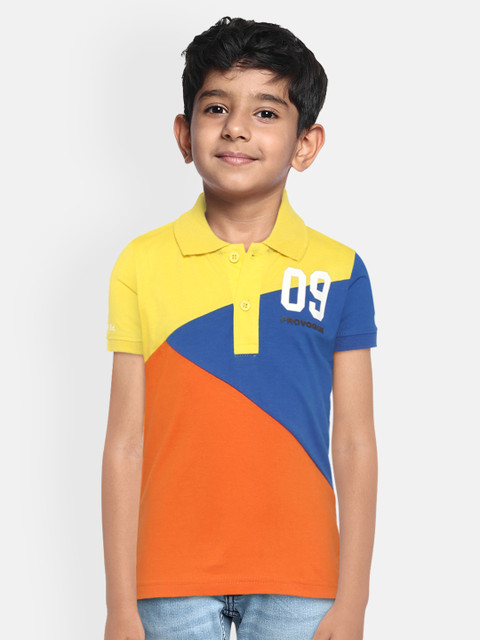 

Provogue Boys Yellow & Orange Pure Cotton Colourblocked Polo Collar T-shirt