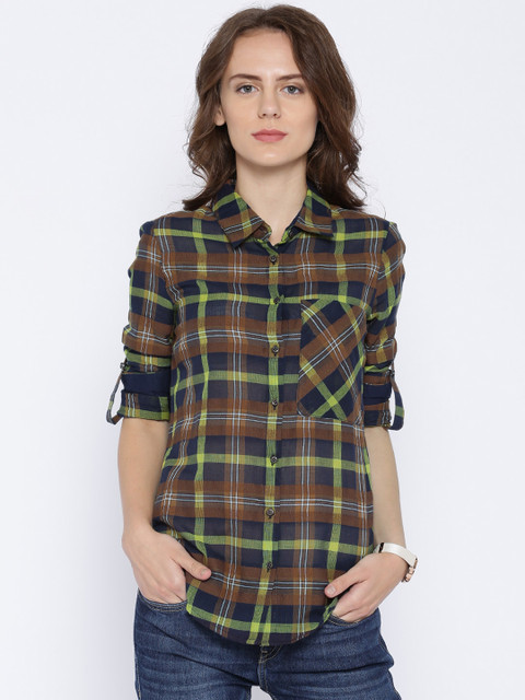 

ONLY Navy & Brown Checked Semi-Sheer Shirt, Navy blue