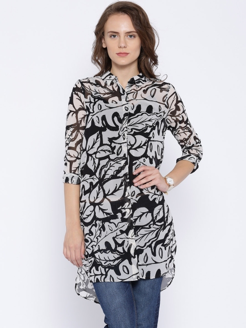 

ONLY Black & White Printed Georgette Sheer Longline Shirt