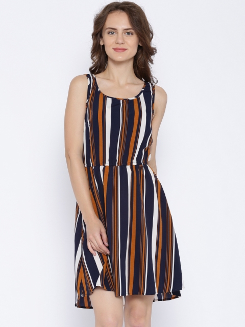 

ONLY Navy & Mustard Yellow Chiffon Striped Fit & Flare Dress, Navy blue
