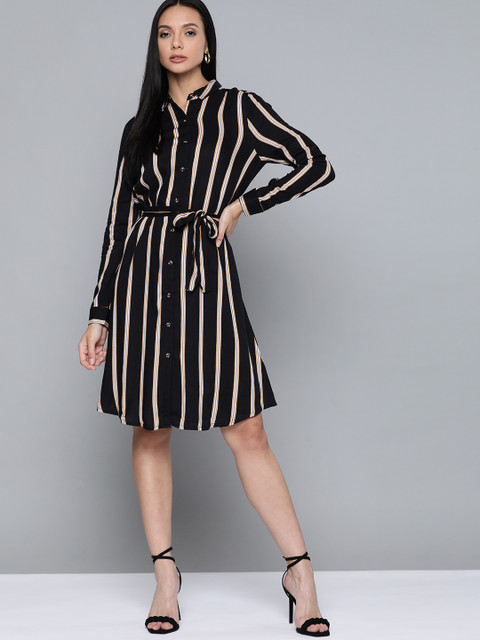

Chemistry Black & Beige Striped Shirt Dress with Belt