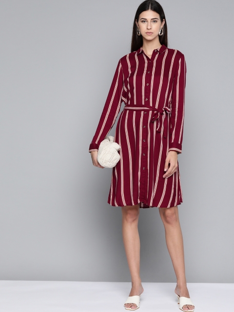 

Chemistry Women Maroon & White Striped Shirt Dress