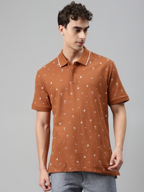 

Marks Spencer Men Mustard Brown White Pure Cotton Tropical Print Polo Collar Pure Cotton T-shirt
