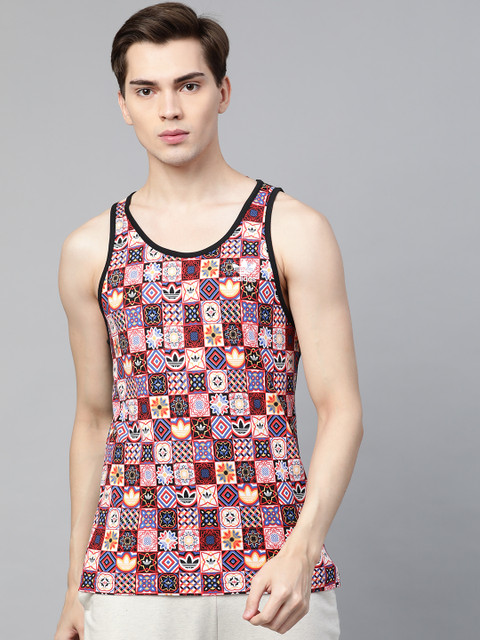 

ADIDAS Originals Men Black Red Printed Tiles Allover Print Tank Pure Cotton T-shirt