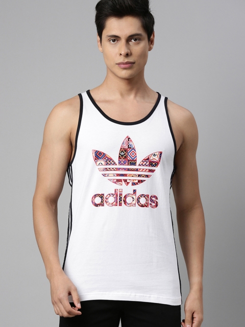 

ADIDAS Originals Men White Red Printed Tiles WxE 3-Stripes Tank Pure Cotton T-shirt