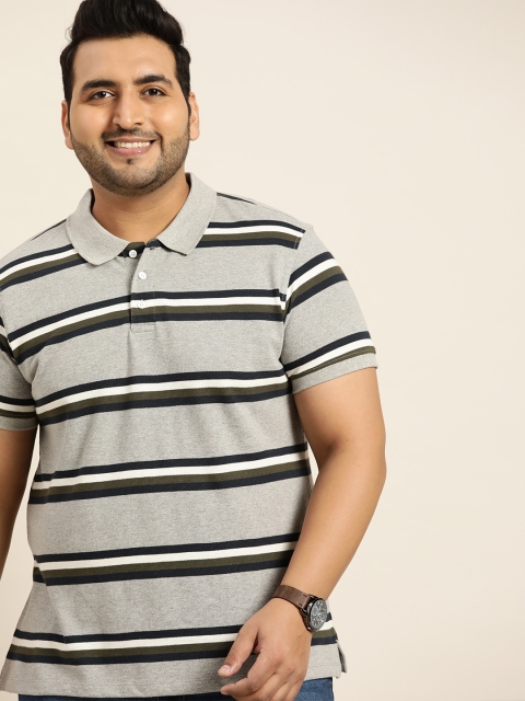 

Sztori Men Plus Size Grey Melange & Navy Blue Striped Polo Collar T-shirt