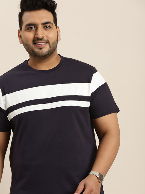 

Sztori Men Plus Size Navy Blue White Pure Cotton Striped Pure Cotton T-shirt