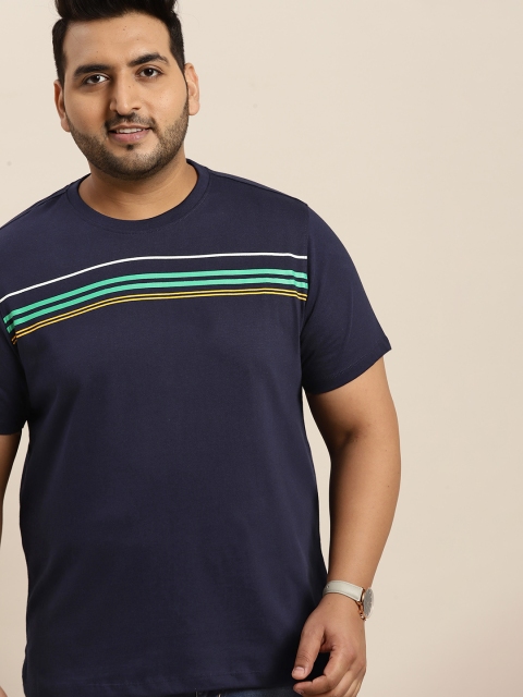 

Sztori Men Plus Size Navy Blue Green Pure Cotton Striped Detail Pure Cotton T-shirt