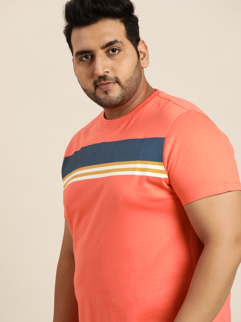 

Sztori Men Plus Size Coral Pink Pure Cotton Striped Pure Cotton T-shirt