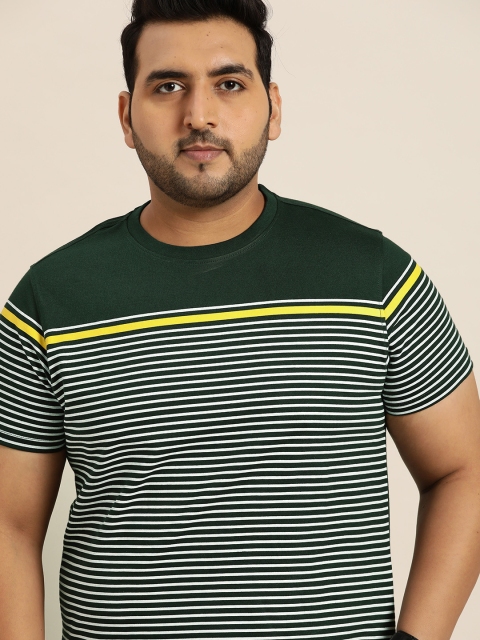 

Sztori Men Plus Size Olive Green White Pure Cotton Striped Pure Cotton T-shirt