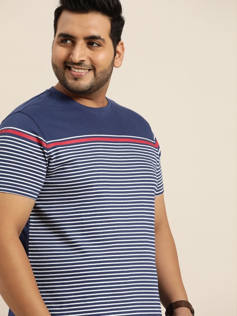 

Sztori Men Plus Size Navy Blue White Pure Cotton Striped Pure Cotton T-shirt