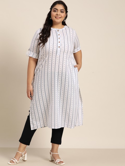 

Sztori Women Plus Size White & Blue Striped Pure Cotton Straight Kurta