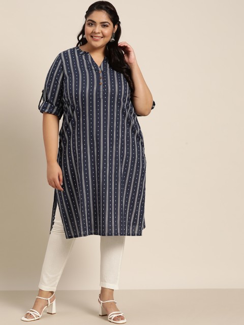

Sztori Women Plus Size Navy Blue & White Striped Straight Kurta