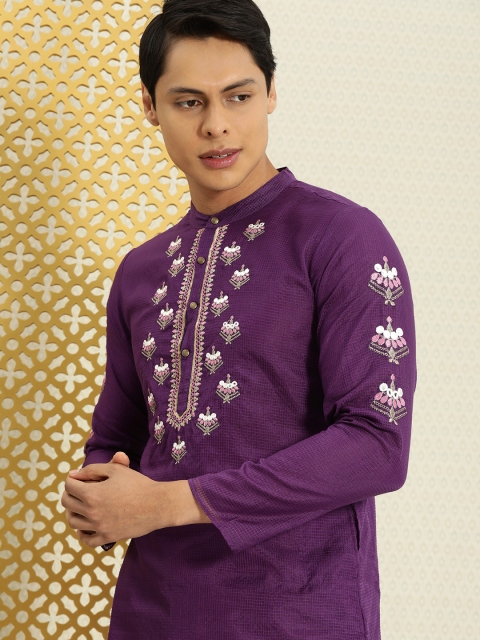 

House of Pataudi Men Purple Ethnic Motifs Embroidered Jashn Kurta