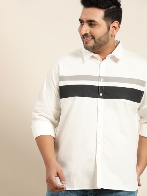

Sztori Men Plus Size White Pure Cotton Solid Casual Shirt with Striped Detail