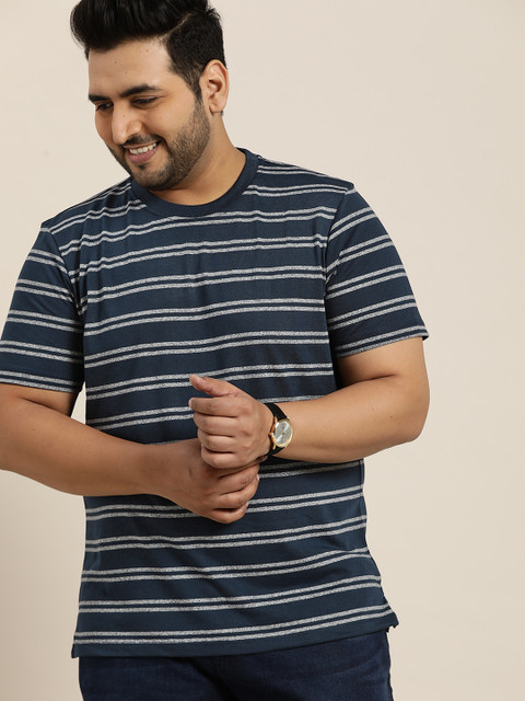 

Sztori Men Plus Size Navy Blue & Grey Striped T-shirt