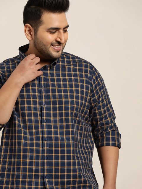 

Sztori Men Plus Size Navy Blue & Mustard Yellow Checked Pure Cotton Casual Shirt