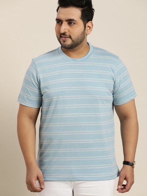 

Sztori Men Plus Size Blue & Off White Striped Jaspe Yarn T-shirt