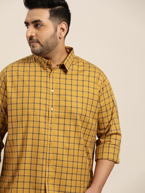 

Sztori Men Plus Size Mustard Yellow & Navy Blue Tartan Checks Pure Cotton Casual Shirt