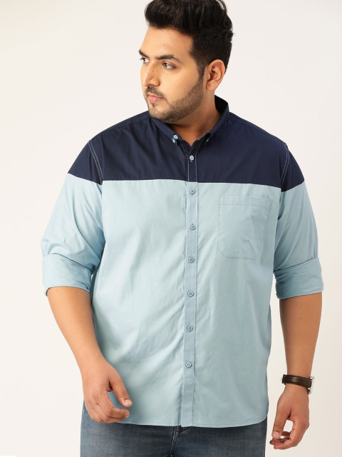 

Sztori Men Plus Size Blue Colourblocked Pure Cotton Casual Shirt