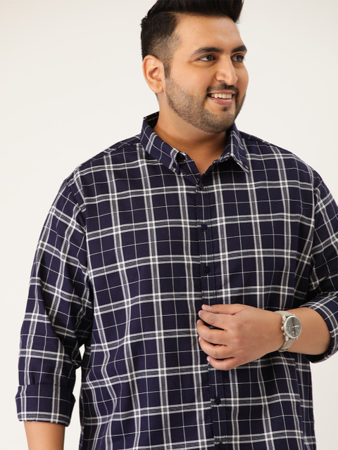 

Sztori Men Plus Size Navy Blue Tartan Checked Pure Cotton Casual Shirt
