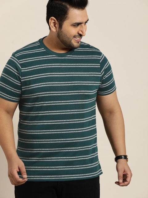 

Sztori Men Plus Size Teal Green & White Striped T-shirt