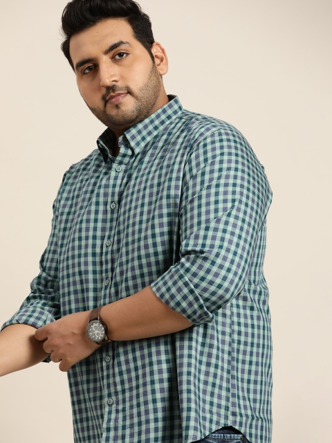 

Sztori Men Plus Size Sea Green & Navy Blue Pure Cotton Checked Casual Shirt