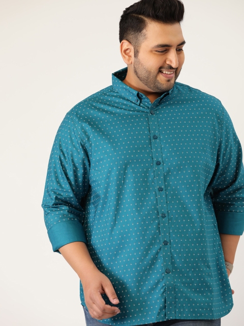 

Sztori Men Plus Size Teal Blue Printed Casual Shirt