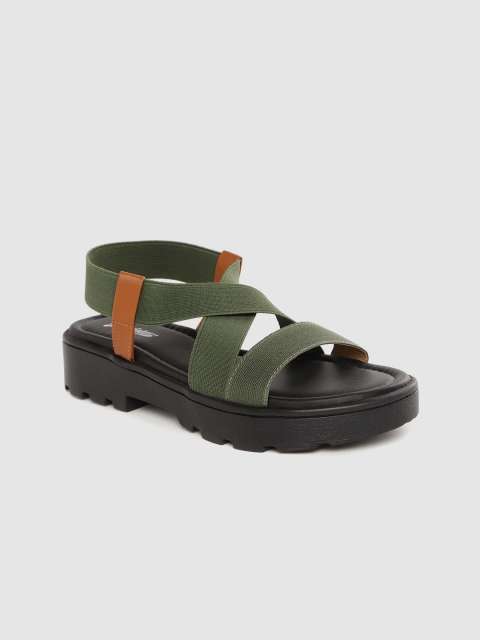 

Roadster Women Olive Green Solid Open Toe Flats with Criss-Cross Detail