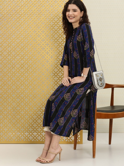 

House of Pataudi Women Blue & Black Striped Printed Rozana Kurta