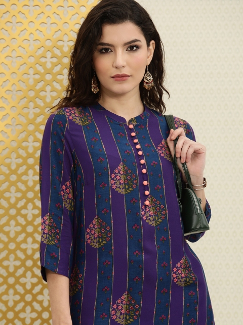 

House of Pataudi Women Purple & Blue Floral Printed Round Neck Kurta