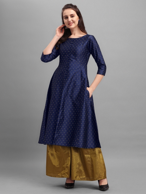 

Inddus Women Navy Blue & Gold-Toned Woven Design A-Line Silk Kurta