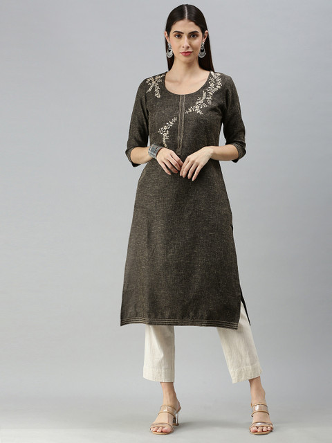 

ETIQUETTE Women Charcoal Grey Ethnic Motifs Embroidered Thread Work Kurta