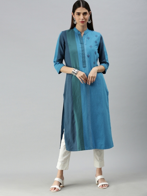 

ETIQUETTE Women Blue Striped Thread Work Kurta