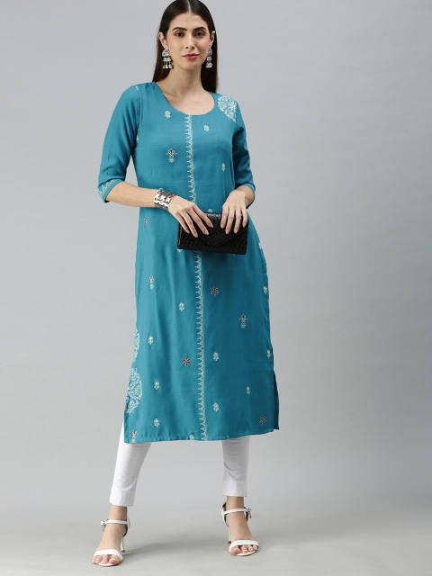 

ETIQUETTE Women Blue Ethnic Motifs Printed Thread Work Kurta