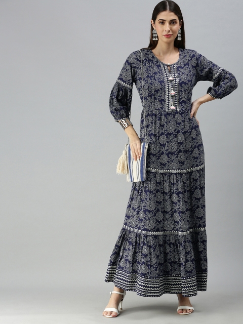 

ETIQUETTE Women Navy Blue & White Floral Printed Keyhole Neck Kurta