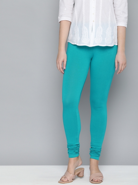 

HERE&NOW Women Turquoise Blue Solid Churidar Length Leggings