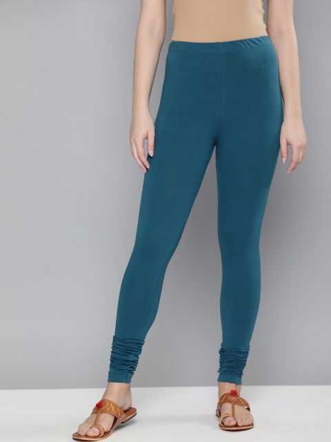 

HERE&NOW Women Teal Blue Solid Churidar Length Leggings