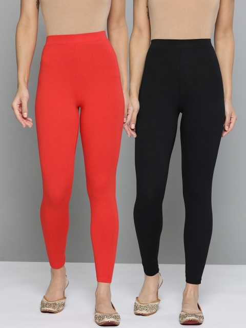 

HERE&NOW Women Pack of 2 Solid Ankle Length Leggings, Black